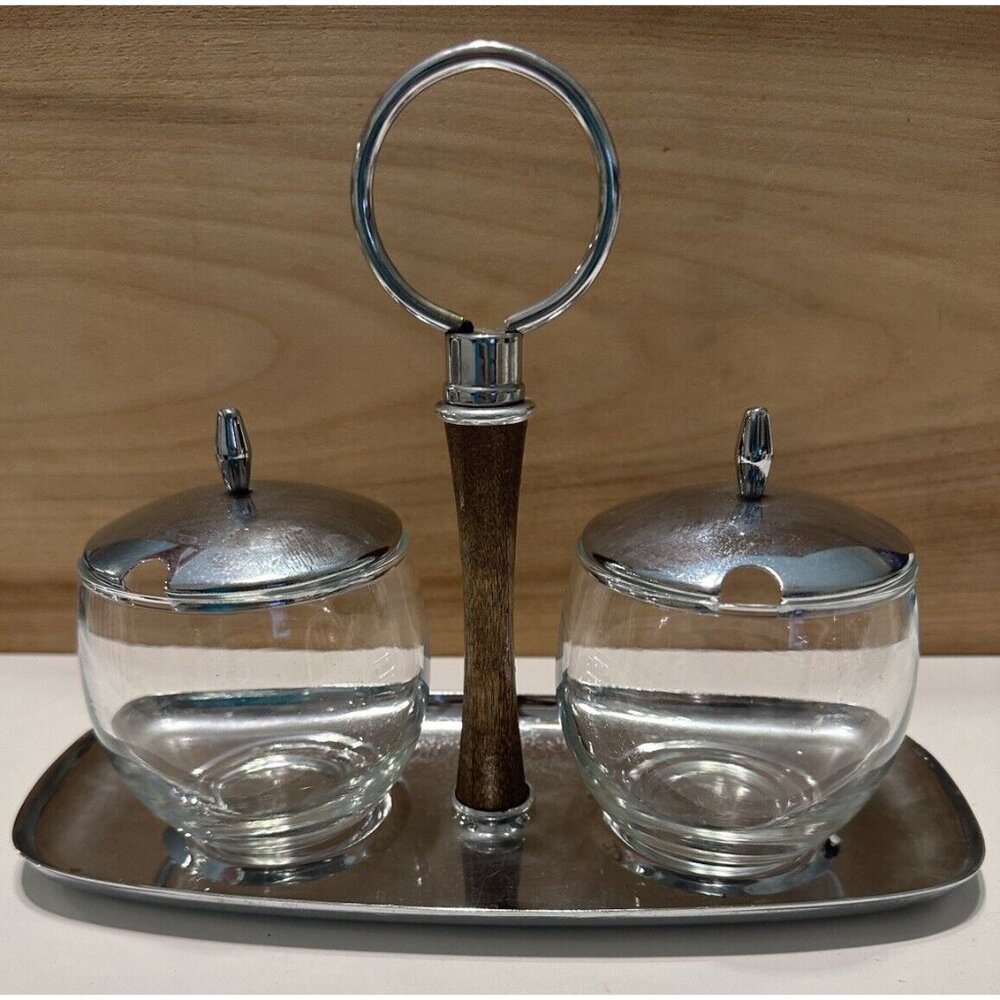 Vtg Shelton Ware Chrome Glass Mid Century MCM Retro Condiment Wood Handle Sugar